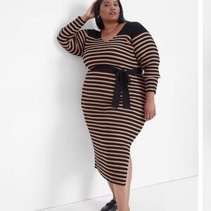 Lane Bryant Long-Sleeve V-Neck Stripe Rib Sweater Midi Dress